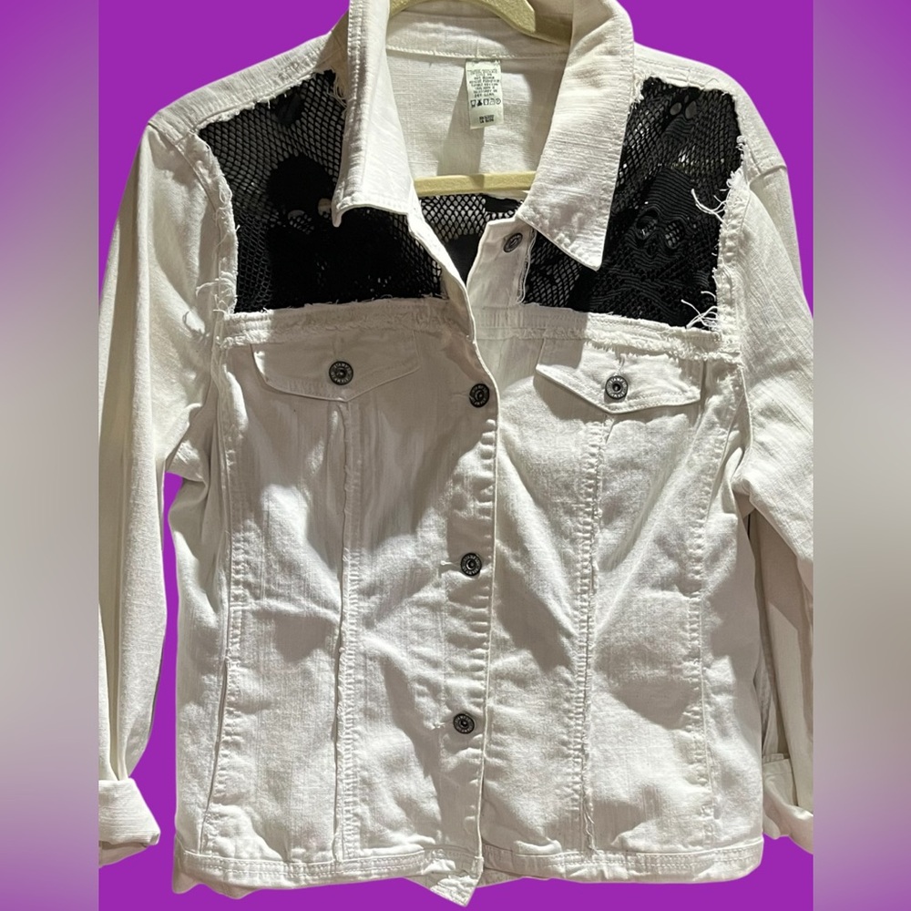$395 Designer Boutique White Stretch Denim Jacket with SKULL mesh trim